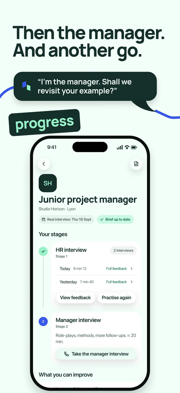 Hopali application screen showing the recruiter screen completed and the manager interview as the next stage