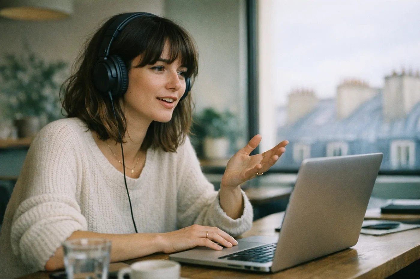 Une candidate passe un entretien en anglais en visio, casque sur les oreilles