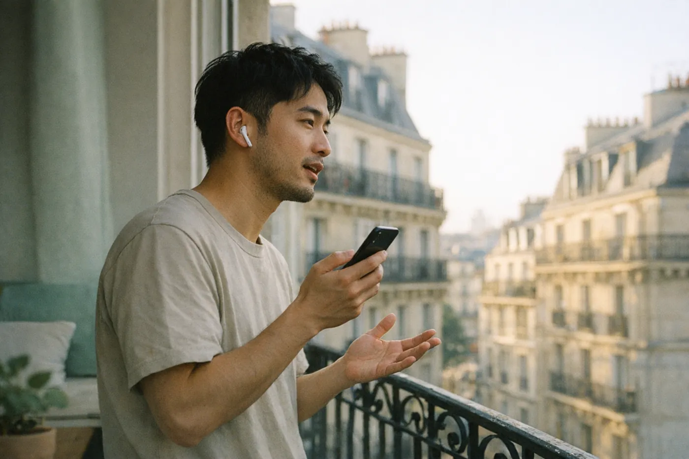 Un homme s'entraîne à parler anglais sur un balcon parisien, écouteurs aux oreilles