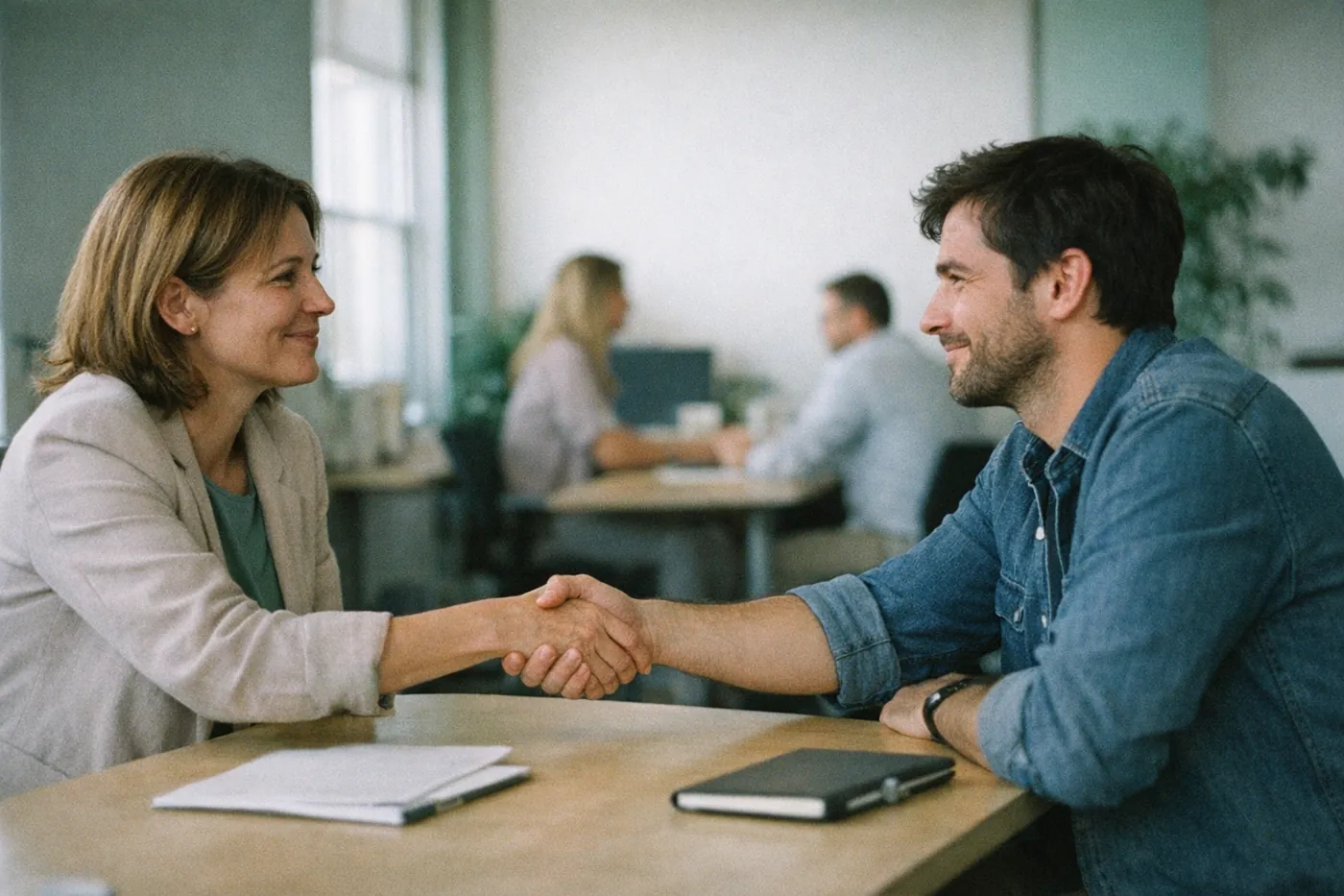 A hiring manager and a candidate shaking hands at the end of an interview