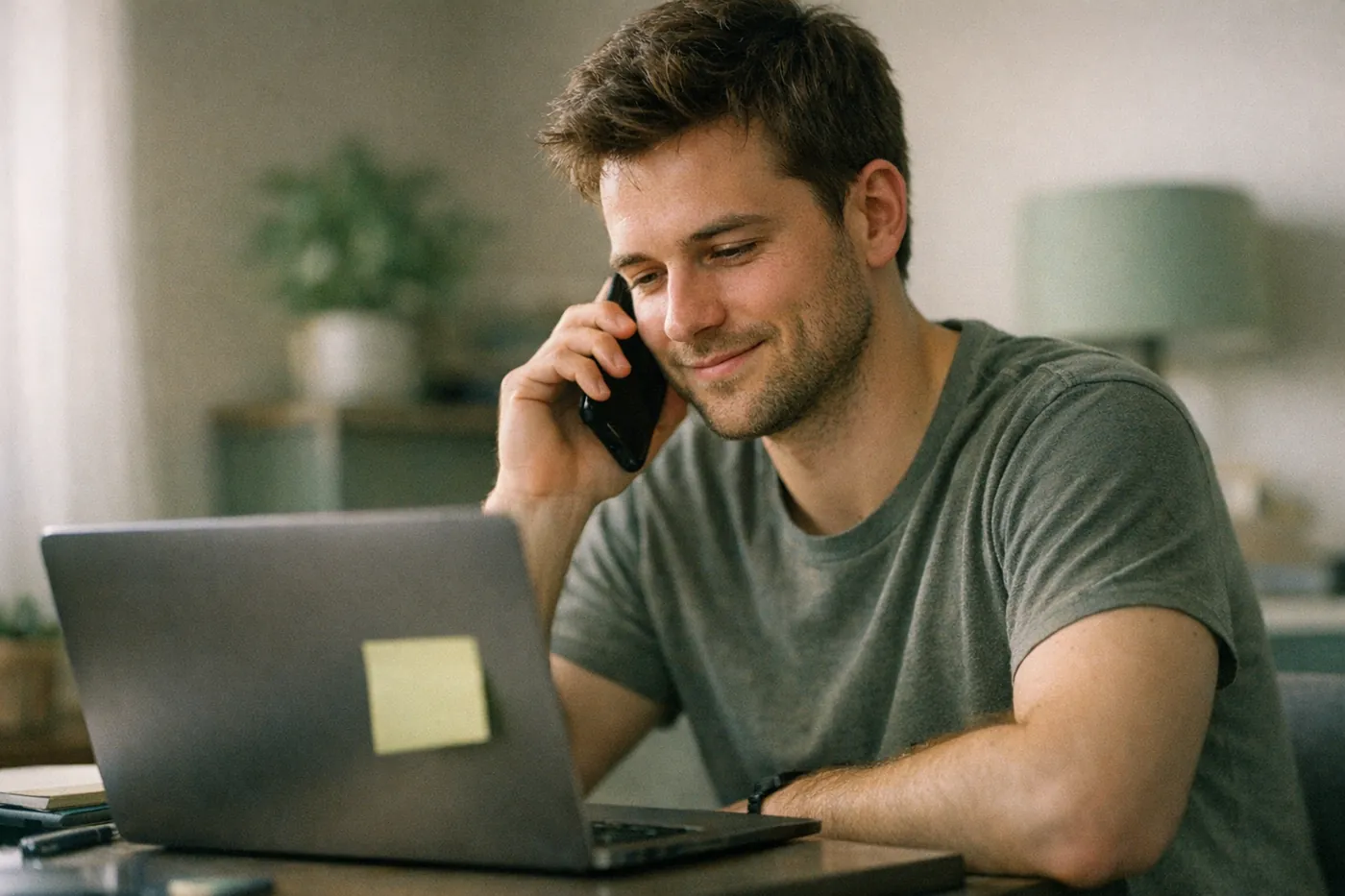 A man smiling on a phone call, a sticky note on his laptop