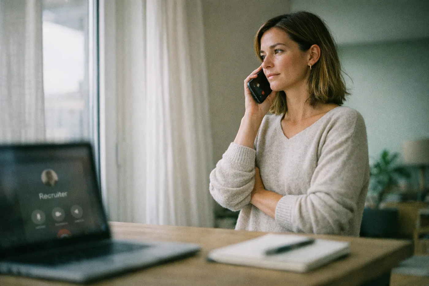A woman on a recruiter phone call by the window, laptop and notepad on the table