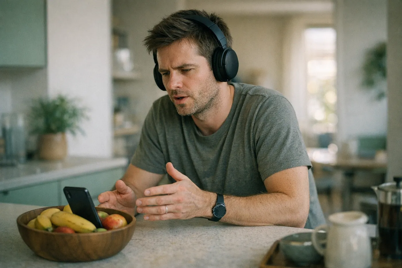 A man practicing interview answers out loud in his kitchen, wearing headphones