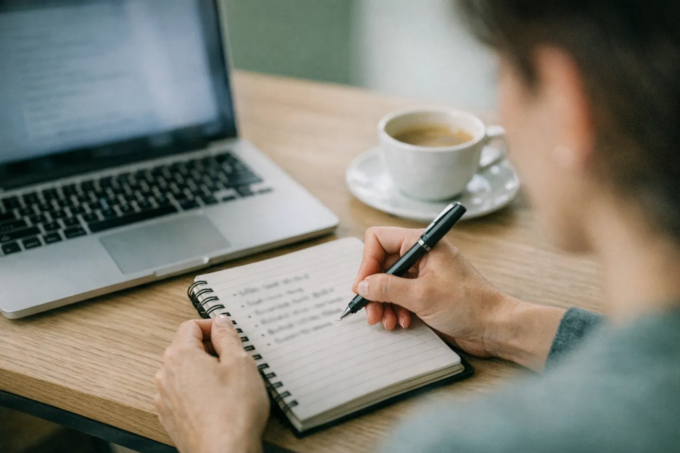 Notes and a laptop on a desk, preparing for a job interview
