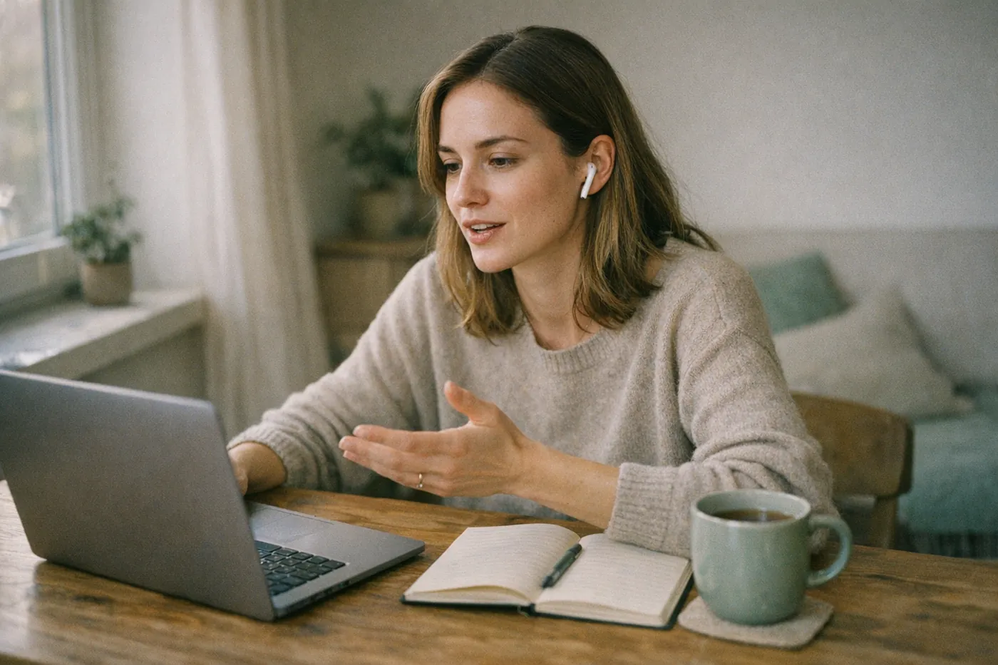 A woman practicing interview answers out loud at her laptop, wearing earbuds