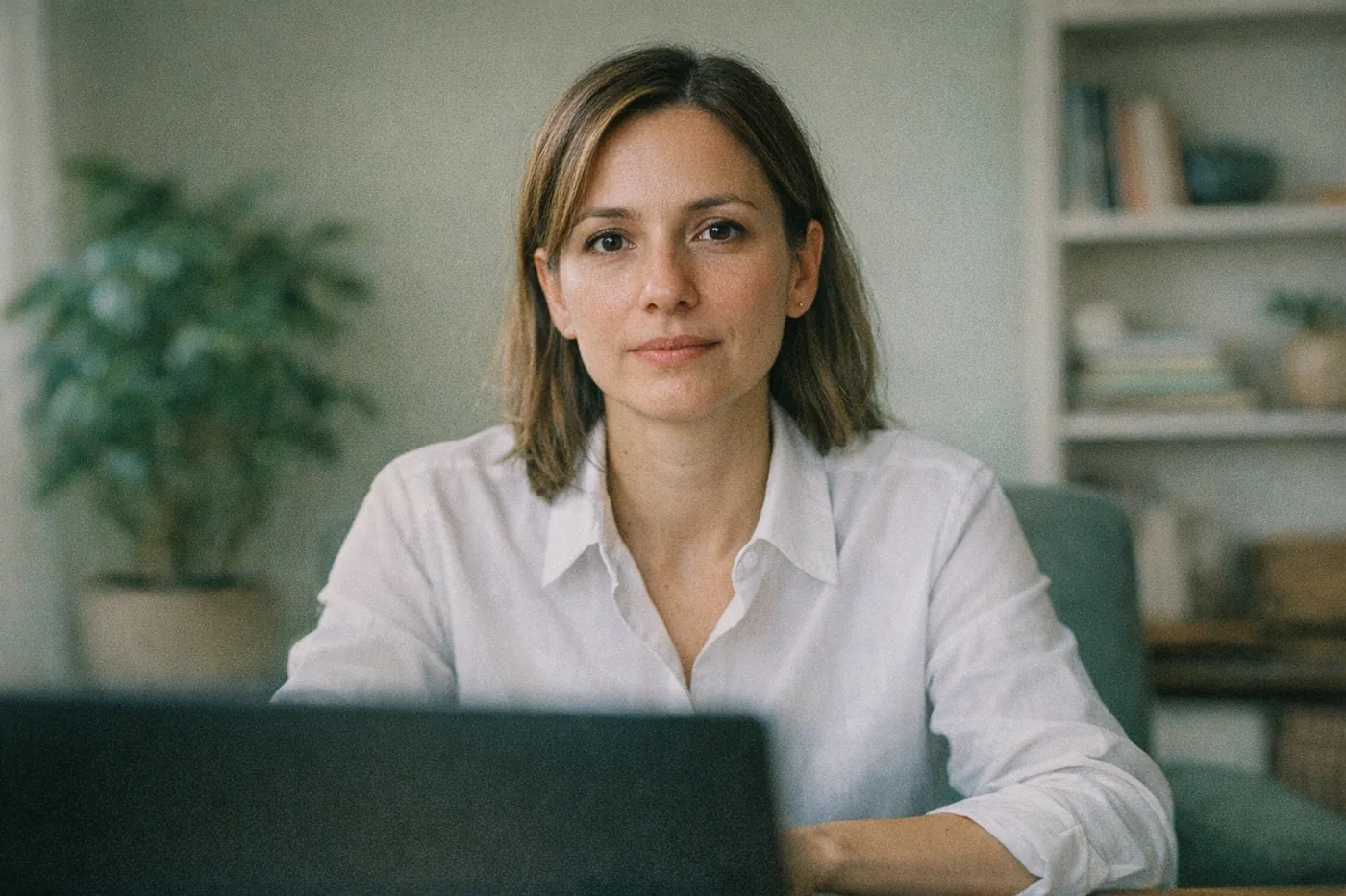 A woman looking into her webcam during a remote job interview