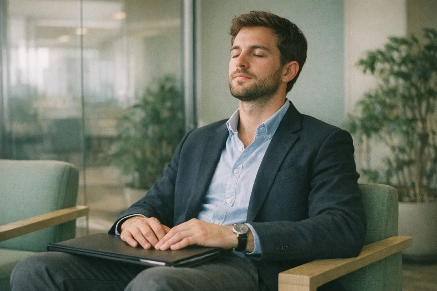 Un candidat patiente dans le hall d'une entreprise avant son entretien